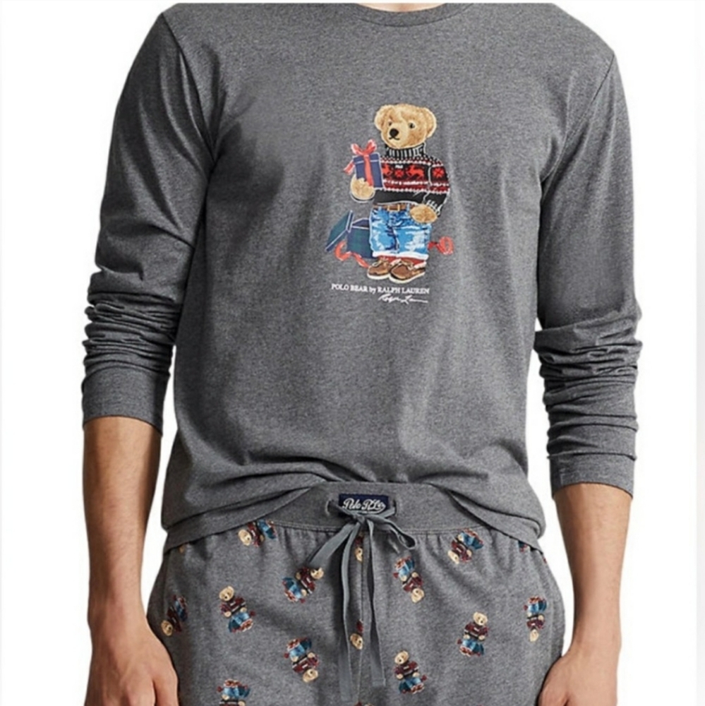 NWT Polo Ralph Lauren Men's 2-pc 100%Cotton Pajama Set Size M Grey Holiday Bear